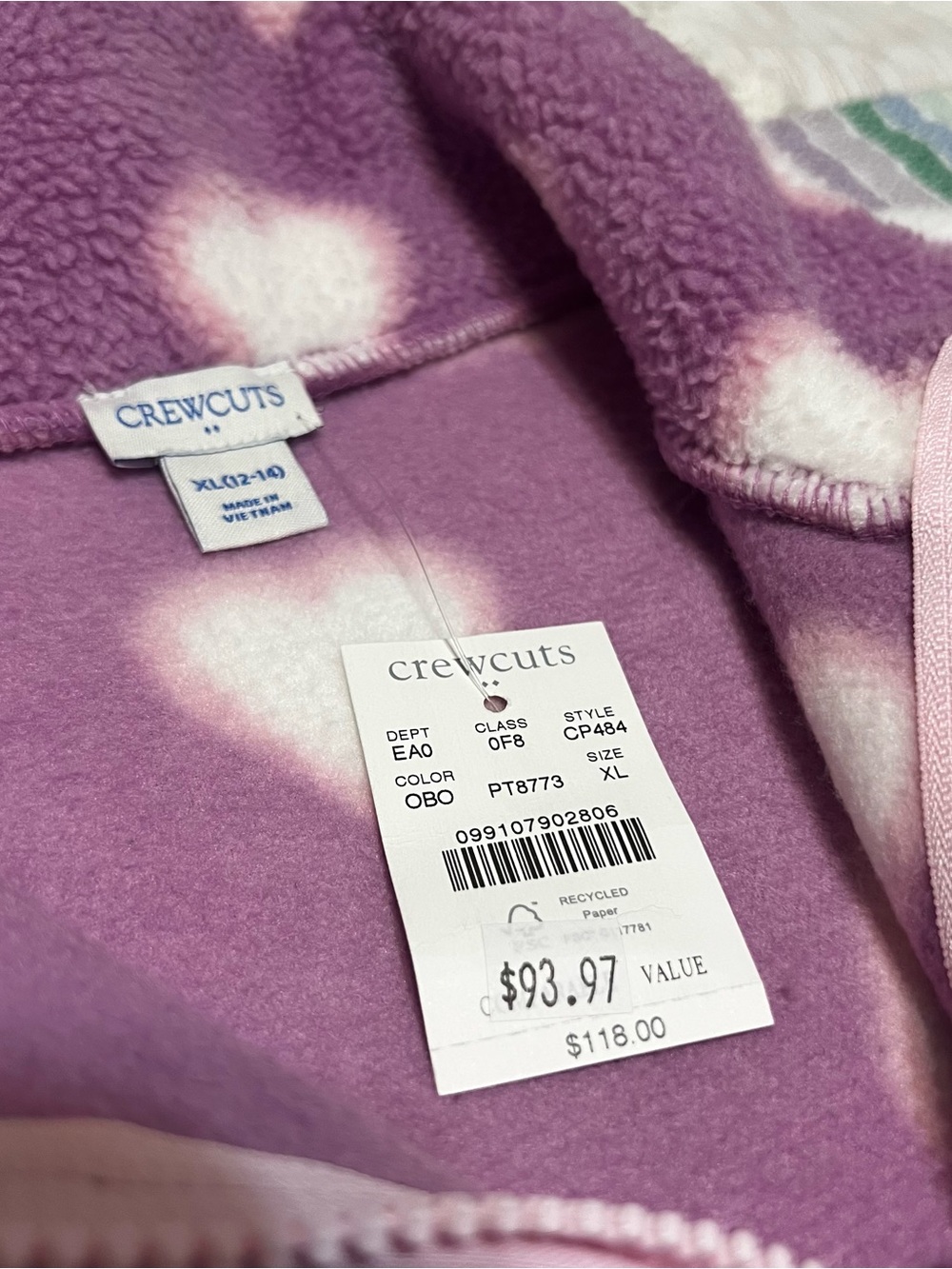 Crewcuts NWT Purple Heart Fleece Zip Jacket Size XL - Picture 3 of 7